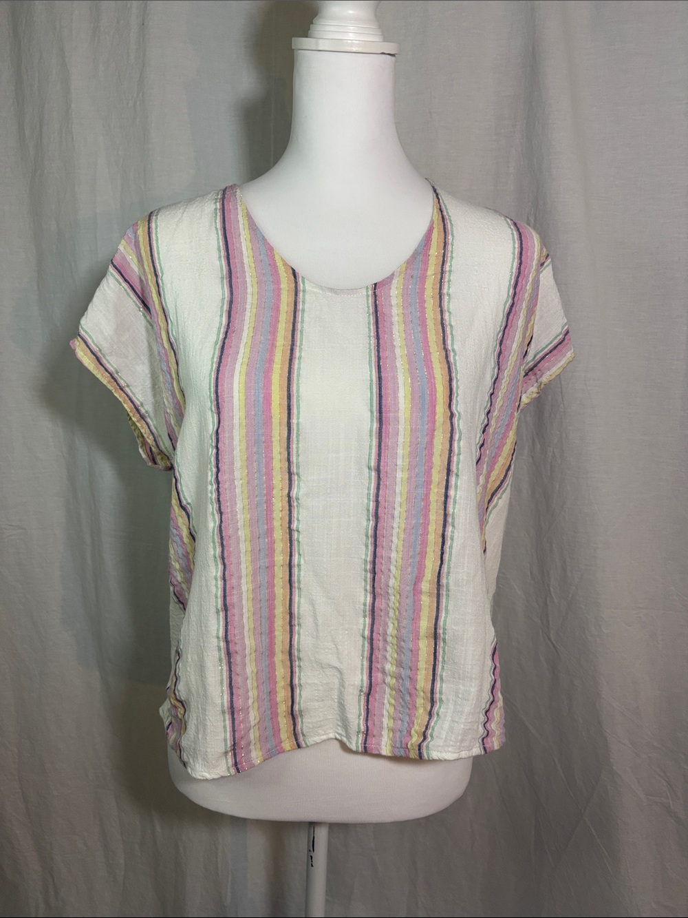 Tribal Jeans Medium White Blouse with Pastel Stripes and Gold Metallic Thread 16